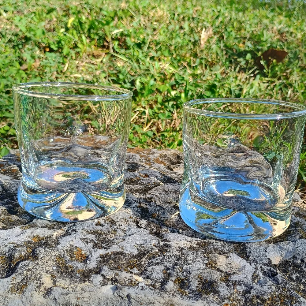 Set of two (2) mid-century, thick based warbled or dimpled whiskey glasses